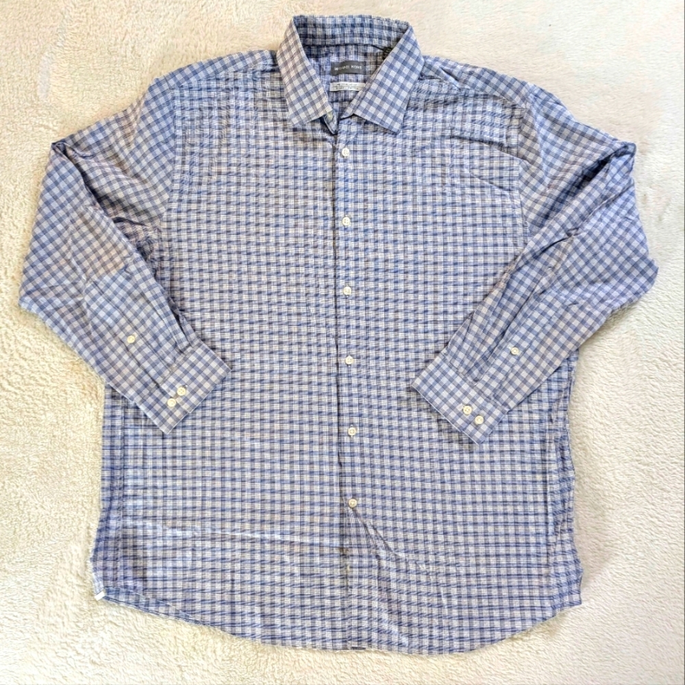 Michael Kors Shirt Mens Size 17.5 Blue Plaid Long Sleeve Button Down Cotton